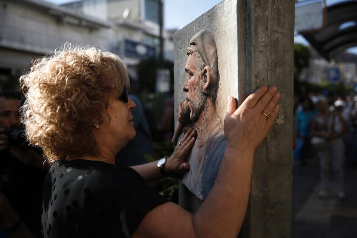 Η μητέρα του Παύλου Φύσσα, Μάγδα, ακουμπάει τα χέρια της στο μνημείο του γιου της