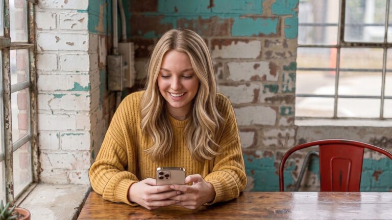 γυναίκα κοιτάει στο κινητό της dating app